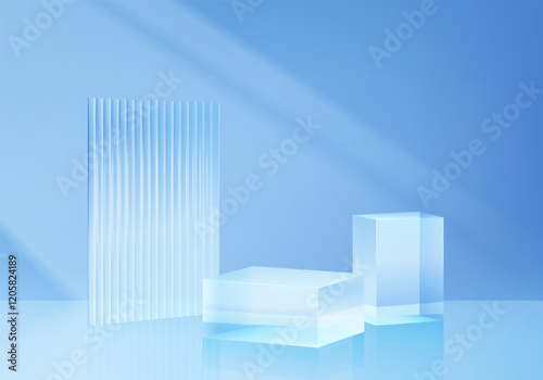 3d background products display podium scene with geometric platform. stand to show cosmetic products. Stage glass showcase on pedestal display blue studio. 3d glass podium vector render illustration