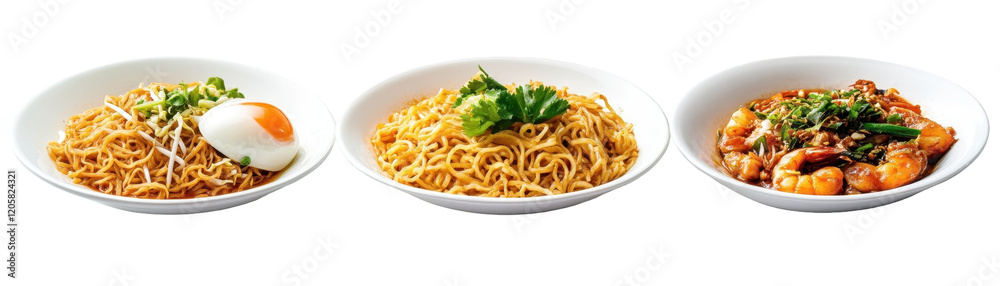 Delicious variety of noodle dishes served in white bowls with fresh ingredients. transparent background Delicious variety of noodle dishes served in white bowls with fresh ingredients. transparent background