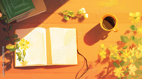 Serene Morning Scene - Open Book, Coffee Cup, and Yellow Flowers in Sunlight photo