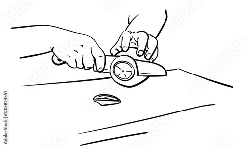 Close up hands cutting citrus with knife on chopping board, Hand drawn illustration black line sketch on white background. Cooking food basic knife skills