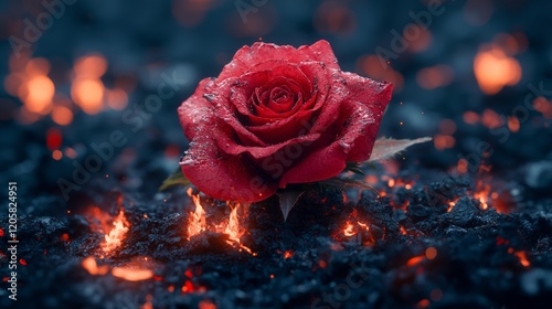 Single red rose blooming amidst fiery embers, dark background.
