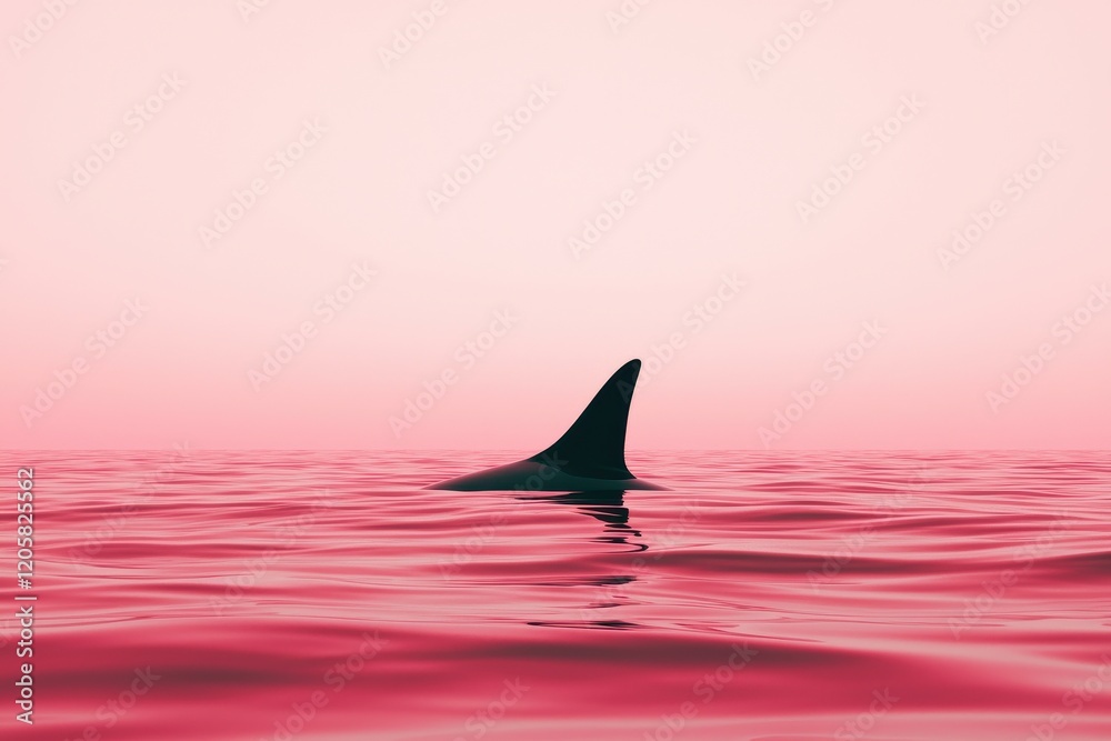 Fototapeta premium Shark fin emerging from tranquil waters at sunset ocean photography serene environment aesthetic viewpoint