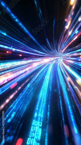 Digital binary code streaks racing through dark cybernetic tunnel, generating luminous streaming pattern