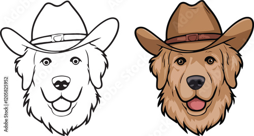 Golden Retriever Wearing Cowboy Hat Illustrated in colors clipart Black and Gold Designs | Dog Puppy, Linear Art Sketch Drawing Art Vector | Golden Labrador Retriever Head vector Illustration