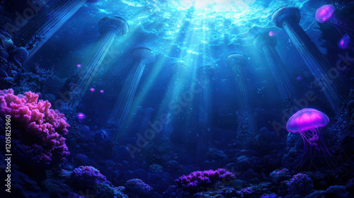 Surreal Underwater City Encased in Glowing Coral with Ethereal Jellyfish and Lightbeams photo