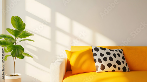 Sunlight fills a modern living room, brightening a yellow couch and a vibrant plant
