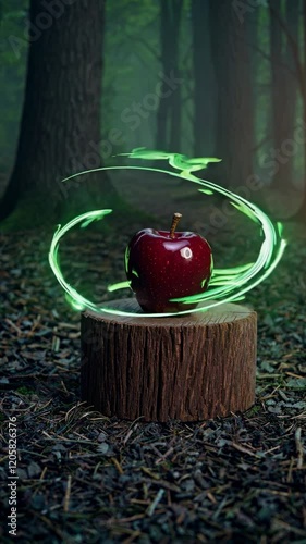 Vertical Loop Of Poisoned Apple With Glowing Aura In Enchanted Forest, Dark Fantasy Scene Video 4K