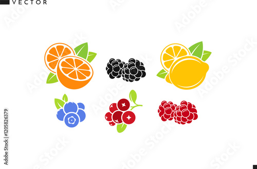 Fresh fruit with berries vector. Isolated orange fruit lemon raspberry blackberry blueberry and cranberry