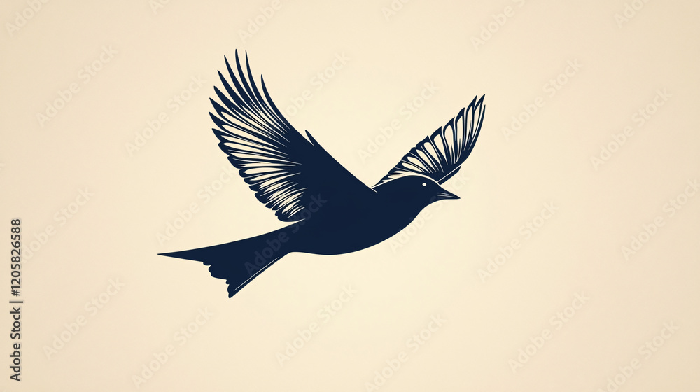 Obraz premium A sleek silhouette of a bird in flight against a light beige backdrop, creating a peaceful and quiet ambiance. 