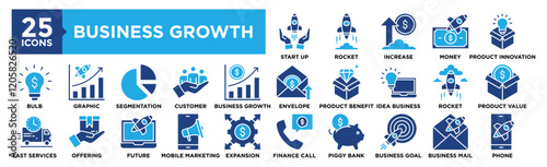 Business Growth icon collection set. Containing design Start Up, Rocket, Increase, Money, Product Innovation
