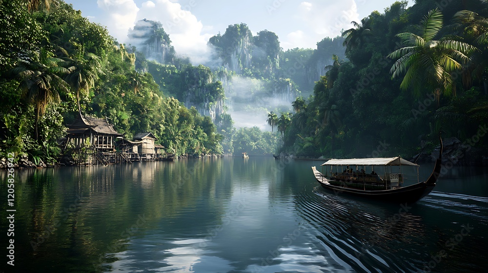 Fototapeta premium Serene river cruise through lush jungle; misty mountains in background; tourism