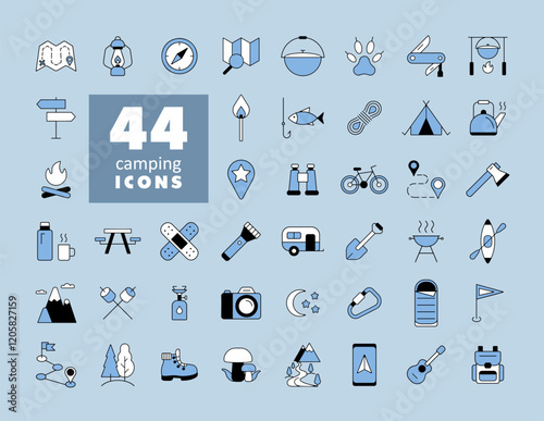 Camping, Hiking and Outdoor Activities icons set