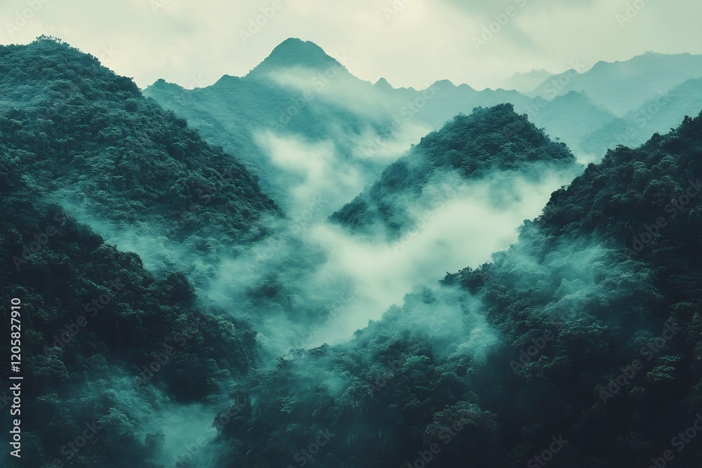 Mystical Mist Shrouded Mountains in Lush Green Forest Landscape Mystical Mist Shrouded Mountains in Lush Green Forest Landscape