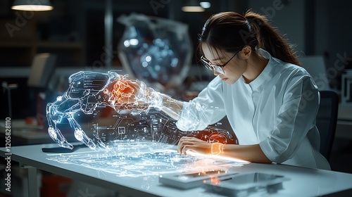 Female engineer designs futuristic tech, holographic projection, late-night lab, innovation