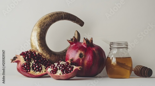 Pomegranates honey and a ram horn are displayed together photo