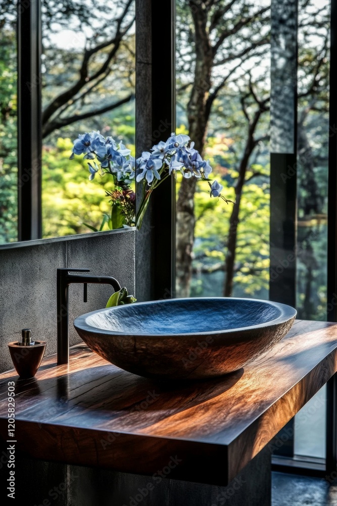 Modern bathroom with dark textured concrete, graphite-gray tiles, rustic wooden countertop and vessel sink. Modern minimalist bathroom interior design. Modern bathroom with dark textured concrete, graphite-gray tiles, rustic wooden countertop and vessel sink. Modern minimalist bathroom interior design.