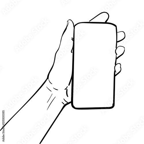 Hand showing smartphone with blank screen, Vector sketch, Hand drawn illustration