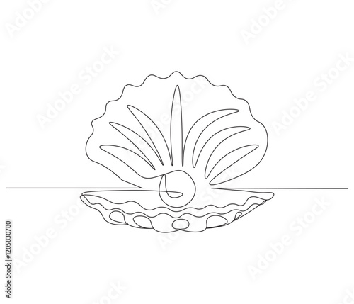 Continuous one line drawing of open pearl shell . Single line drawing illustration of an oyster .  Modern minimalist badge icon or logo with abstract color shapes . Doodle line illustration.