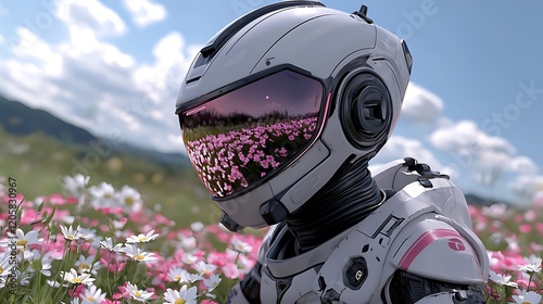 Futuristic astronaut exploring a vibrant flower field under a clear sky, with mountains in the background