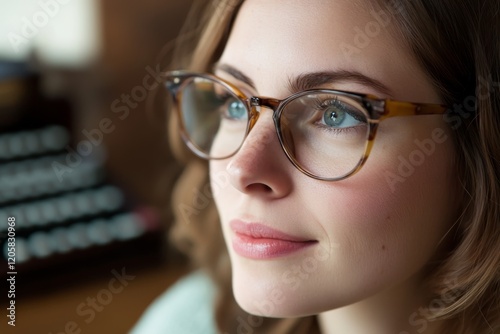 Wallpaper Mural Woman with glasses gazes thoughtfully in a cozy indoor setting during the afternoon Torontodigital.ca