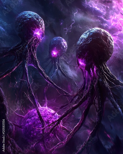 Otherworldly Cephalopod Creatures in a Glowing Purple Cosmic Nebula