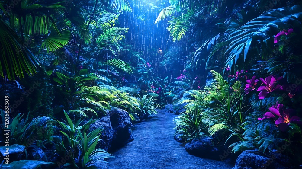 A Stream Flowing Through a Lush, Nighttime Rainforest A Stream Flowing Through a Lush, Nighttime Rainforest
