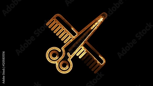 Glowing neon scissors icon animation, hair comb icon on black background. coloerful 4K Video animation. photo