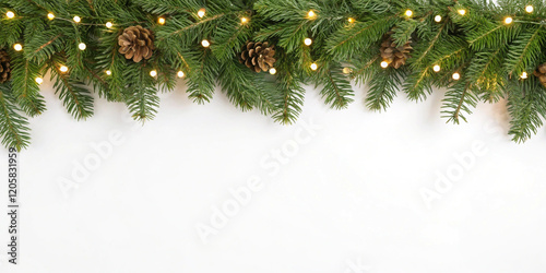 Seamless decorative christmas border with coniferous branches and garlands of christmas lights and ornaments cosmetics festival perfume background