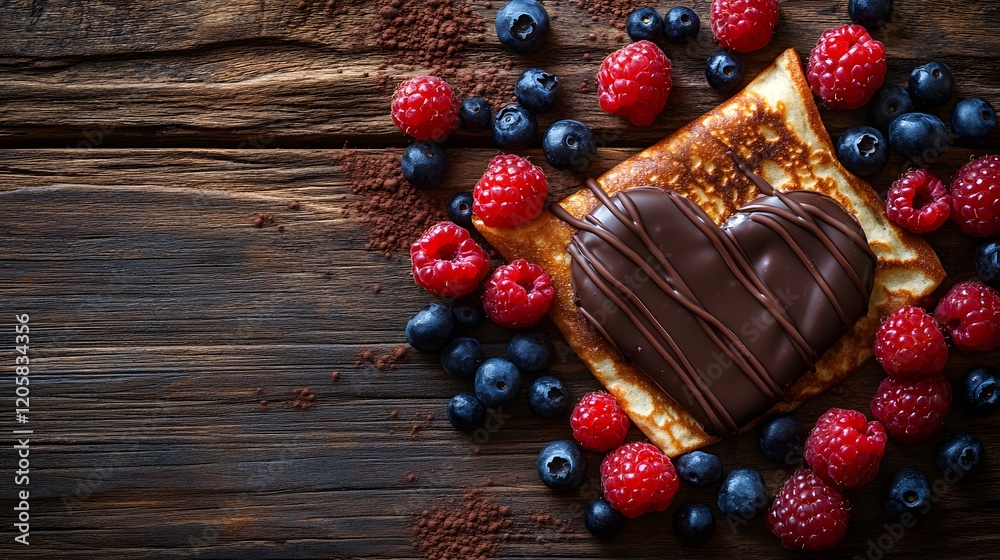Exquisite Presentation of Crepes with Chocolate and Berries on Rustic Wood Background with Heart-Shaped Space for Notes Exquisite Presentation of Crepes with Chocolate and Berries on Rustic Wood Background with Heart-Shaped Space for Notes