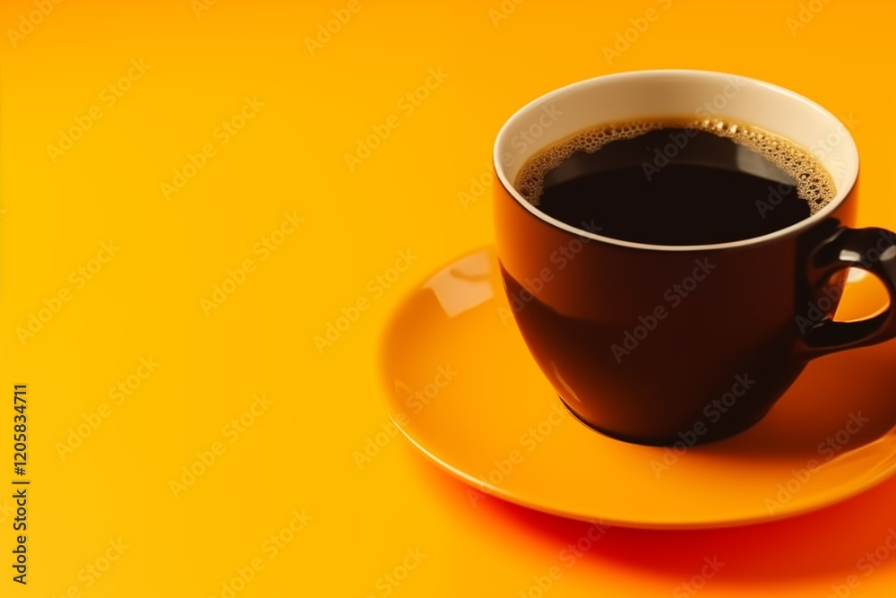 Black coffee cup on a vibrant yellow background with matching saucer Black coffee cup on a vibrant yellow background with matching saucer