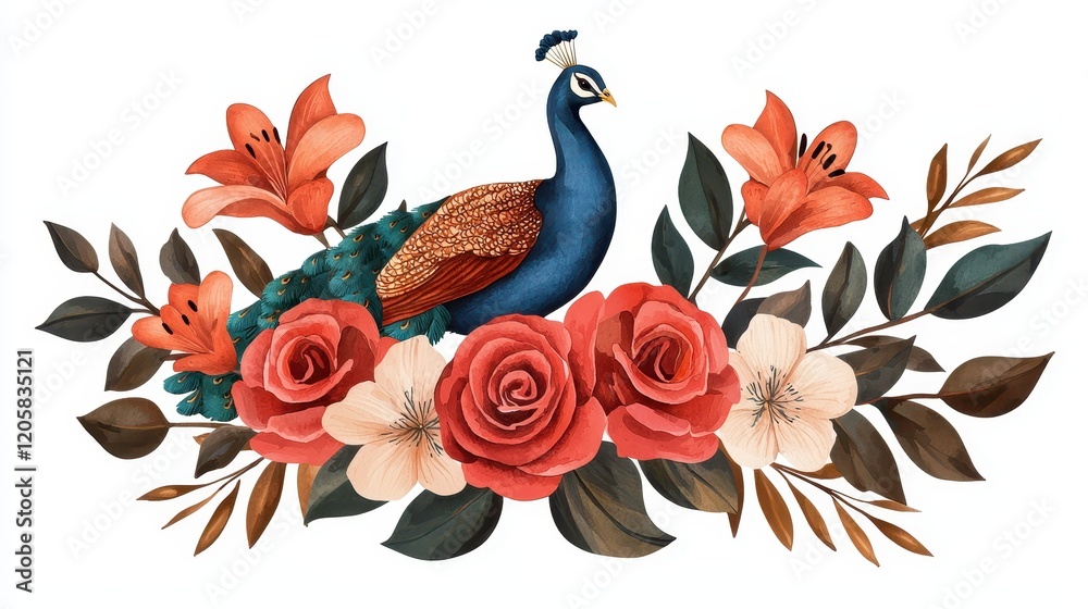 Fototapeta premium A vibrant peacock surrounded by colorful flowers, featuring roses and lilies, creating a beautiful and artistic floral arrangement.