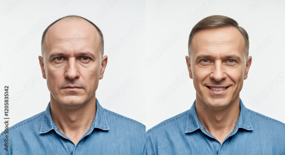Transformation of expressions: mature caucasian male evolving from serious to smiling in denim shirt Transformation of expressions: mature caucasian male evolving from serious to smiling in denim shirt