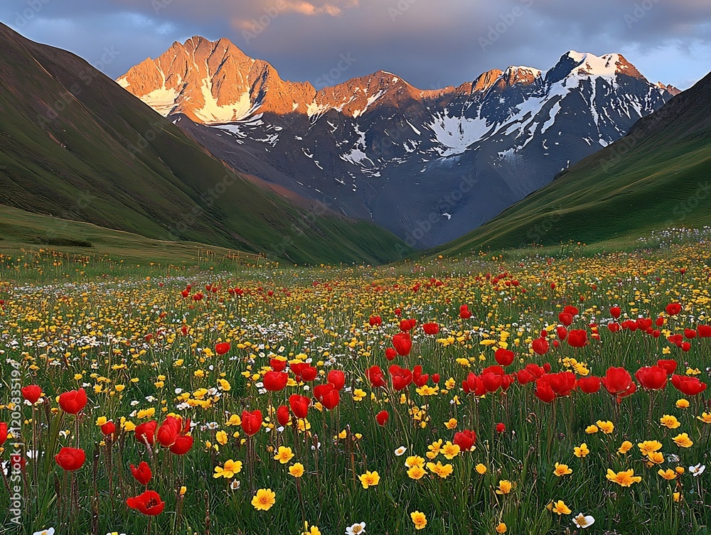 Fototapeta premium Majestic Sunset Over Vibrant Alpine Meadow With Blooming Wildflowers