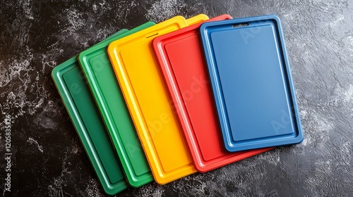 Colorful Kitchen Cutting Boards Variety Arranged On Textured Dark Surface From Above.