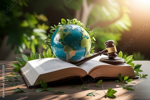 Environmental Law Symbolism: Transparent Green Globe on Open Book with Gavel, Vibrant Foliage, Soft Sunlight, and Serene Outdoor Setting, Representing Eco-Justice and Global Responsibility. photo