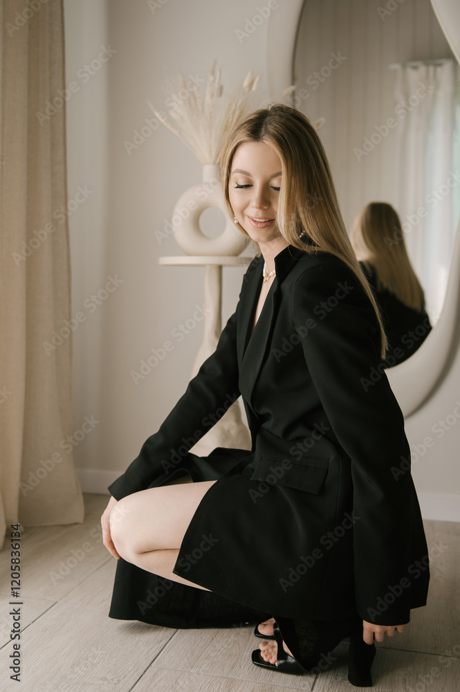 Beautiful blonde woman posing in beautiful modern stylish beige interior on photo of large mirror
