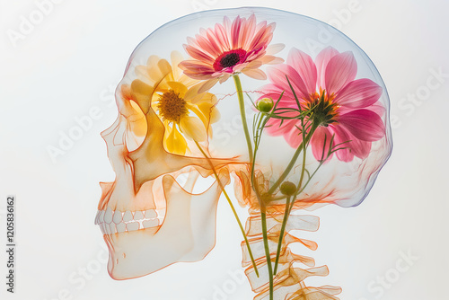 Human Skull with Colorful Flowers, Creative Xray Art, Fusion of Nature and Anatomy