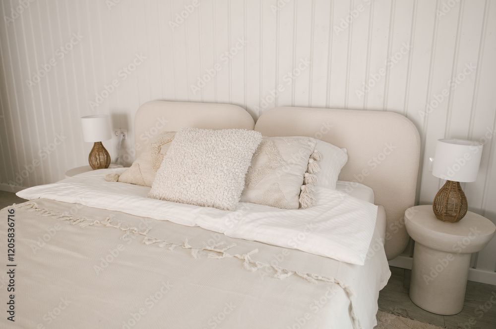 Beautiful light beige interior with soft white bed decorated with pillows in japandi and wawabi sabi style, cozy home concept