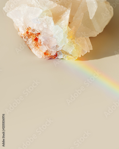 Luminous Quartz with Rainbow Flares. Sun's rays interact with quartz stone, iridescent rainbow glares, background with shining crystal at sunlight, aesthetic view with natural light effect