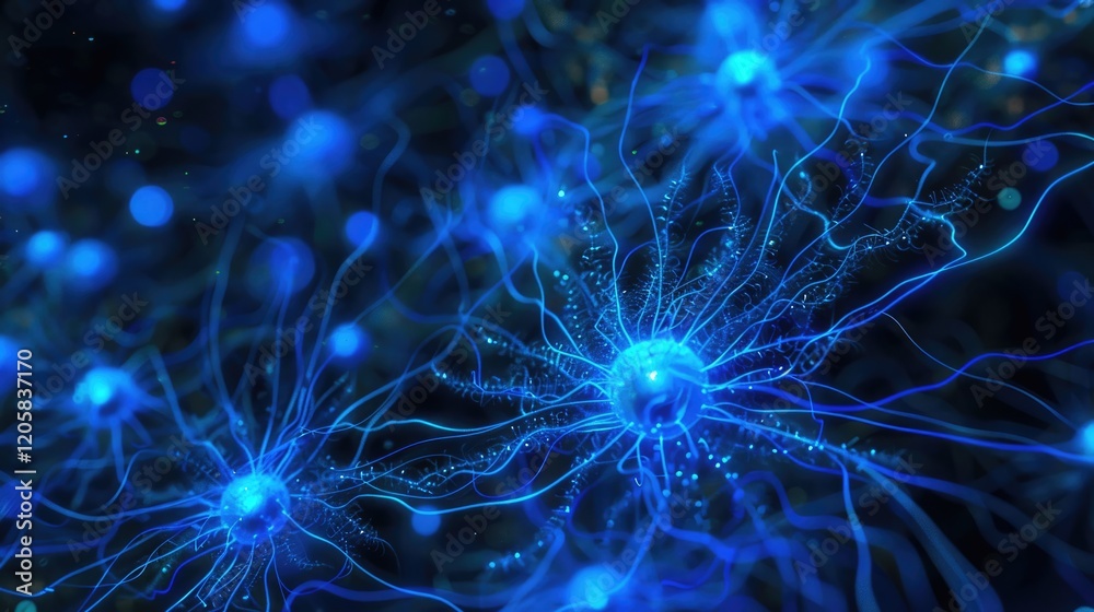 Obraz premium Abstract blue neural network with interconnected nodes and glowing elements.