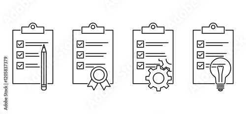 Checklist icons - with gear, lightbulb, pencil or seal. in thin line