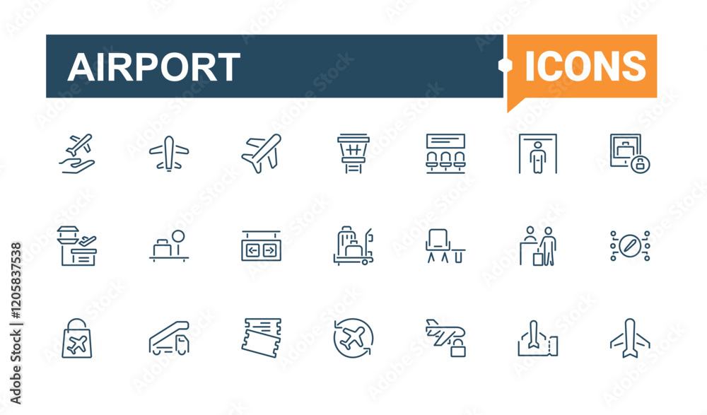 Airport icons set in linear style. Featuring flight, check, transportation, information, art, element and more. Minimalistic icons. Vector icons editable stroke. Airport icons set in linear style. Featuring flight, check, transportation, information, art, element and more. Minimalistic icons. Vector icons editable stroke.