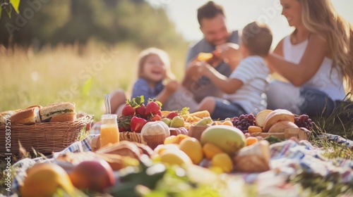 Fototapeta Naklejka Na Ścianę i Meble -  A family enjoying a picnic with healthy snacks, featuring fruits, vegetables