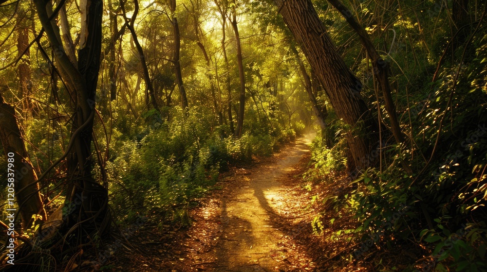 Fototapeta premium Serene forest path illuminated by soft sunlight through lush greenery.