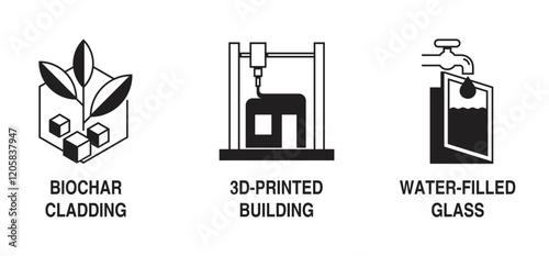 Innovative construction materials. Biochar cladding, Water-filled glass, 3D-printed buildings