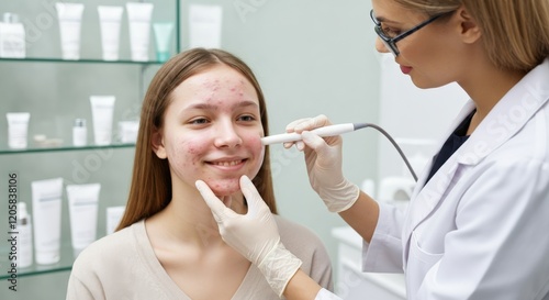 Dermatologist conducting acne treatment on young caucasian female patient in clinic