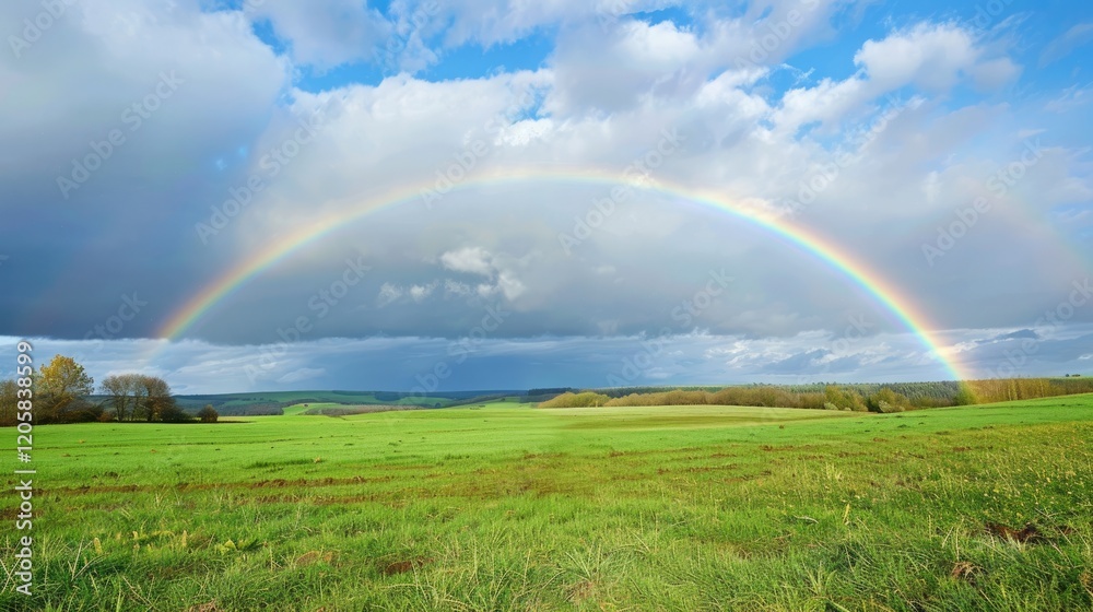 Vibrant rainbow arches over a lush green landscape under a partly cloudy sky. Vibrant rainbow arches over a lush green landscape under a partly cloudy sky.