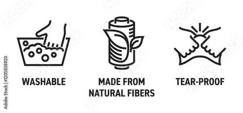 Dust cloth icons set - Tear-proof, Made from natural fibers, Washable, in bold line