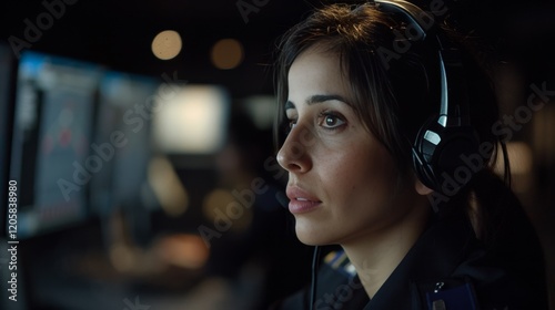 Late night office worker using headset and computer in a contemporary workspace environment photo