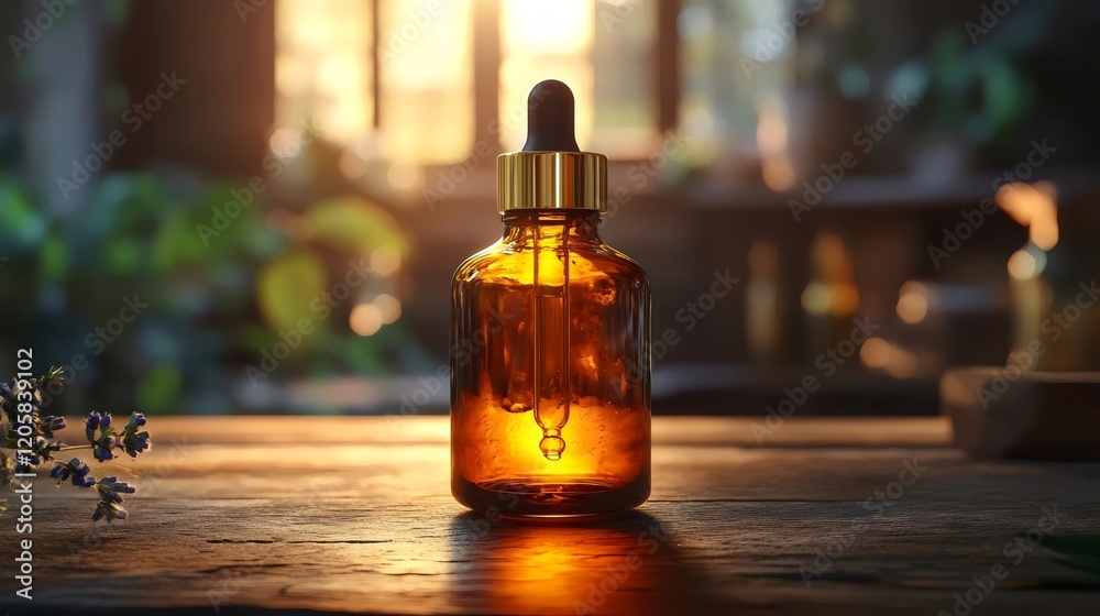 A bottle of essential oil sits on a wooden table A bottle of essential oil sits on a wooden table